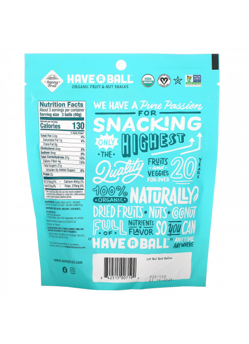 Sunny Fruit, Have A Ball, Organic Fruit & Nut Snacks, Fig & Walnut, 4.44 oz ( 126 g)