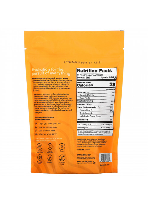 Cure Hydration, Hydration Mix, Golden Hour Ginger Turmeric, 14 Packs, 0.29 oz (8.3 g) Each