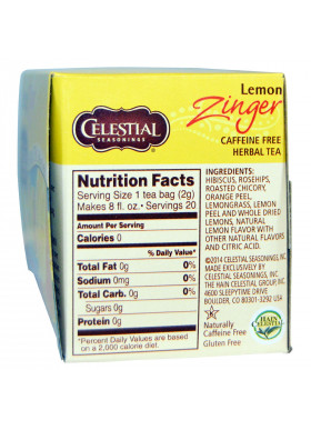 Celestial Seasonings, Herbal Tea, Caffeine Free, Lemon Zinger, 20 Tea Bags, 1.7 oz (47 g)