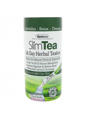 DietWorks, Slim Tea, 14 Day Herbal Teatox, Matcha Tea, Raspberry Flavor, 14 Stick Packs