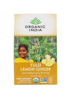 Organic India, Tulsi Tea, Lemon Ginger, Caffeine-Free, 18 Infusion Bags, 1.27 oz (36 g)