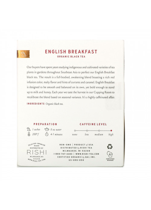 Rishi Tea, Organic Black Tea, English Breakfast, 15 Sachets, 1.69 oz (48 g)