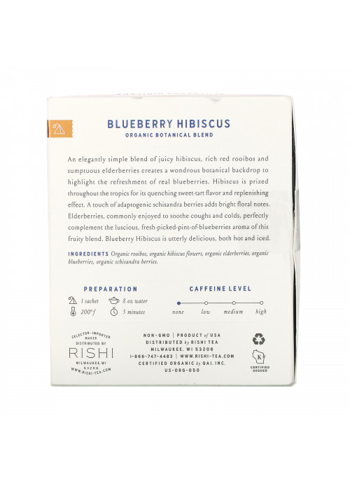 Rishi Tea, Organic Botanical Blend, Blueberry Hibiscus, Caffeine-Free, 15 Sachets, 1.69 oz (48 g)