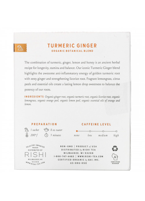 Rishi Tea, Organic Botanical Blend, Turmeric Ginger, Caffeine-Free, 15 Sachets, 1.74 oz (49.5 g)