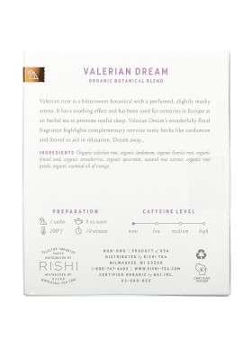 Rishi Tea, Organic Botanical Blend, Valerian Dream, Caffeine-Free, 15 Sachets, 1.05 oz (30 g)