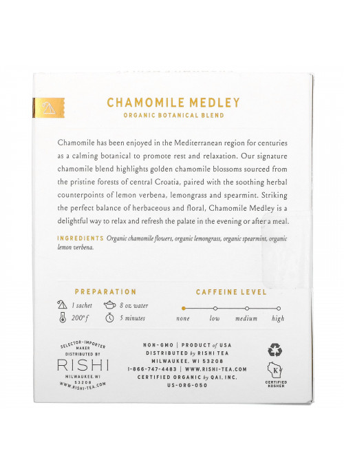 Rishi Tea, Organic Herbal Tea, Chamomile Medley, Caffeine-Free, 15 Sachets, 0.95 oz (27 g)