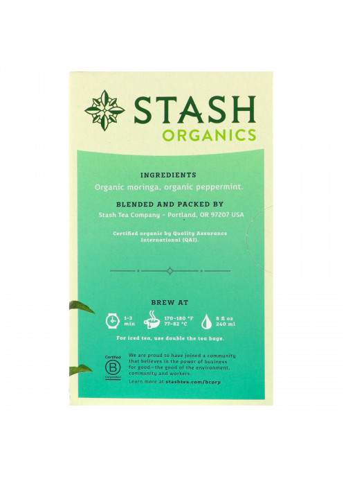 Stash Tea, Herbal Tea, Organic Moringa Mint, Caffeine-Free, 18 Tea Bags, 0.8 oz (23 g)