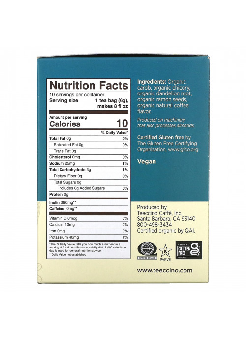 Teeccino, Organic Roasted Herbal Tea, Dandelion Dark Roast, Caffeine Free, 10 Tea Bags, 2.12 oz (60 g)