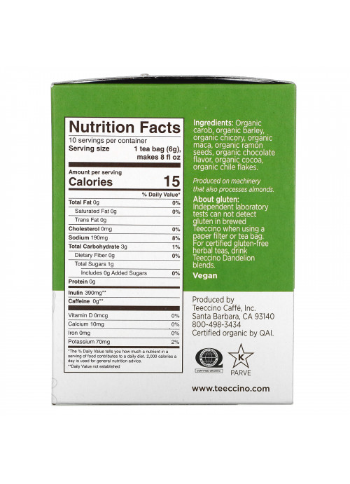 Teeccino, Organic Roasted Herbal Tea, Maca Chocolate, Caffeine Free, 10 Tea Bags, 2.12 oz (60 g)