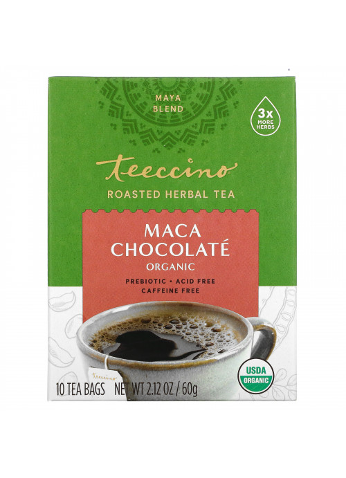 Teeccino, Organic Roasted Herbal Tea, Maca Chocolate, Caffeine Free, 10 Tea Bags, 2.12 oz (60 g)