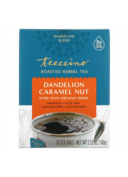 Teeccino, Roasted Herbal Tea, Dandelion Caramel Nut, Caffeine Free, 10 Tea Bags, 2.12 oz (60 g)