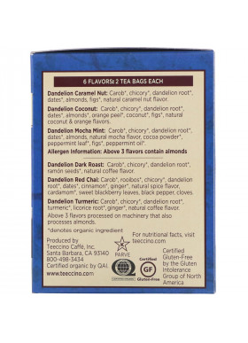 Teeccino, Roasted Herbal Tea, Dandelion Tea Sampler, 6 Flavors, Caffeine Free, 12 Tea Bags, 2.54 oz (72 g)