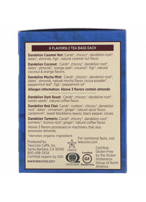 Teeccino, Roasted Herbal Tea, Dandelion Tea Sampler, 6 Flavors, Caffeine Free, 12 Tea Bags, 2.54 oz (72 g)