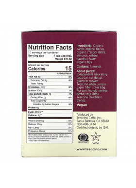 Teeccino, Roasted Herbal Tea, Hazelnut, Caffeine Free, 10 Tea Bags, 2.12 oz (60 g)