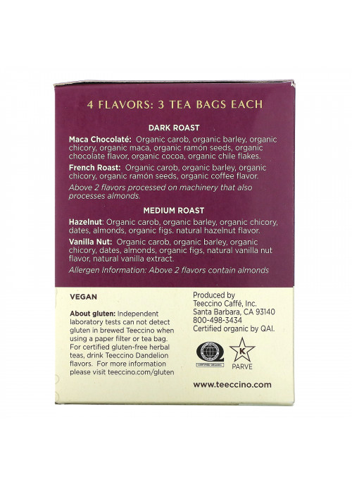 Teeccino, Roasted Herbal Tea Sampler, 4 Flavors, Caffeine Free, 12 Tea Bags, 2.54 oz (72 g)
