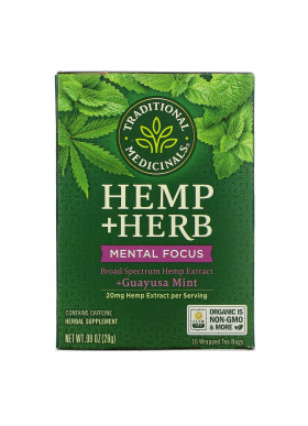 Traditional Medicinals, Hemp+ Herb, Mental Focus, +Guayusa Mint, 16 Wrapped Tea Bags, .99 oz (28 g)