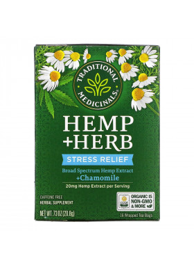 Traditional Medicinals, Hemp+ Herb, Stress Relief, + Chamomile, Caffeine Free, 16 Wrapped Tea Bags, .73 oz (20.8 g)