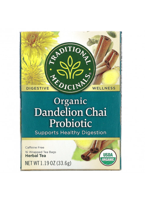 Traditional Medicinals, Organic Dandelion Chai Probiotic, Caffeine Free, 16 Wrapped Tea Bags, 1.19 oz (33.6 g)