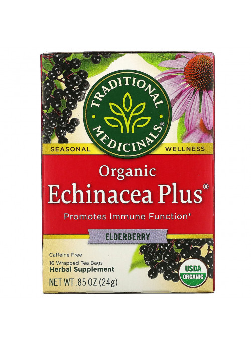 Traditional Medicinals, Organic Echinacea Plus, Elderberry, Caffeine Free, 16 Wrapped Tea Bags, .85 oz (24 g)