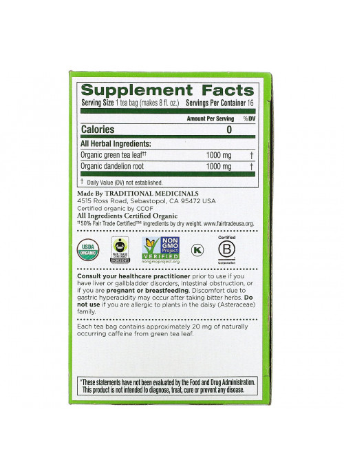 Traditional Medicinals, Organic Green Tea, Dandelion, 16 Wrapped Tea Bags, 1.13 oz (32 g)