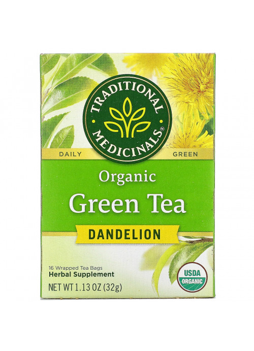 Traditional Medicinals, Organic Green Tea, Dandelion, 16 Wrapped Tea Bags, 1.13 oz (32 g)