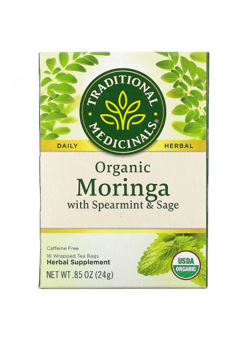 Traditional Medicinals, Organic Moringa with Spearmint & Sage, Caffeine Free, 16 Wrapped Tea Bags, .85 oz (24 g)