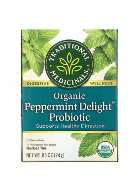 Traditional Medicinals, Organic Peppermint Delight Probiotic, Caffeine Free, 16 Wrapped Tea Bags, .85 oz (24 g)