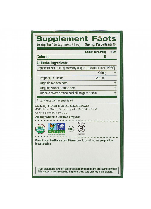 Traditional Medicinals, Organic Reishi Mushroom with Rooibos & Orange Peel, Caffeine Free, 16 Wrapped Tea Bags, .85 oz (24 g)