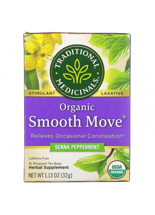 Traditional Medicinals, Organic Smooth Move, Senna Peppermint, Caffeine Free, 16 Wrapped Tea Bags, 1.13 oz (32 g)