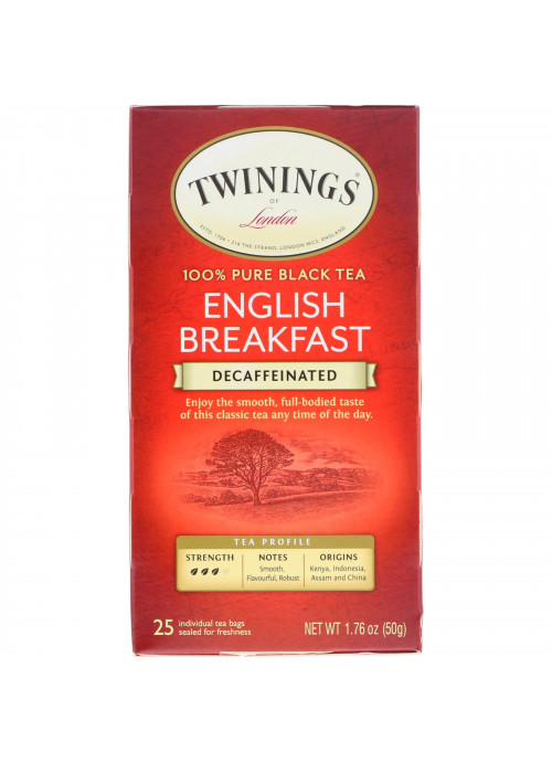 Twinings, 100% Pure Black Tea, English Breakfast, Decaffeinated, 25 Tea Bags, 1.76 oz (50 g)