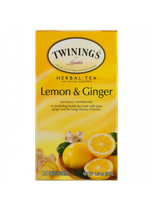 Twinings, Herbal Tea, Lemon & Ginger, Caffeine Free, 25 Tea Bags, 1.32 oz (37.5 g)