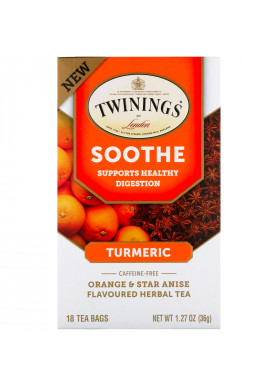 Twinings, Soothe Herbal Tea, Turmeric, Orange and Star Anise, Caffeine Free, 18 Tea Bags, 1.27 oz (36 g)