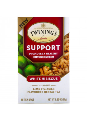 Twinings, Support Herbal Tea, White Hibiscus, Lime & Ginger, Caffeine Free, 18 Tea Bags, 0.95 oz (27 g)