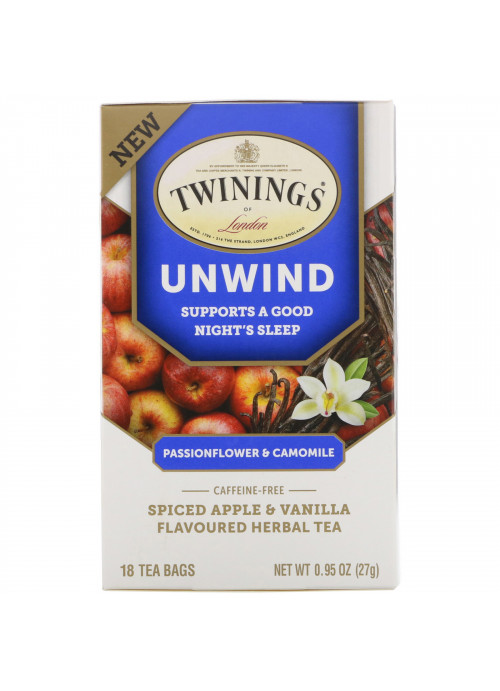 Twinings, Unwind Herbal Tea, Passionflower & Chamomile, Spiced Apple & Vanilla, Caffeine Free, 18 Tea Bags, 0.95 oz (27 g)