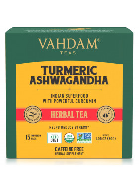 Vahdam Teas, Herbal Tea, Turmeric Ashwagandha, Caffeine Free, 15 Infusion Bags, 1.06 oz (30 g)