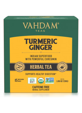 Vahdam Teas, Herbal Tea, Turmeric Ginger, Caffeine Free, 15 Infusion Bags, 1.06 oz (30 g)