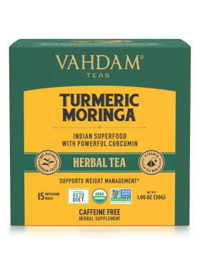 Vahdam Teas, Herbal Tea, Turmeric Moringa, Caffeine Free, 15 Infusion Bags, 1.06 oz (30 g)