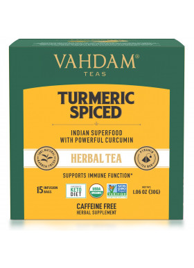 Vahdam Teas, Herbal Tea, Turmeric Spiced, Caffeine Free, 15 Tea Bags, 1.06 oz (30 g)