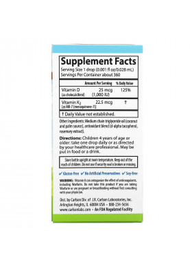 Carlson Labs, Kid's, Super Daily D3+K2, 25 mcg (1,000 IU) & 22.5 mcg, 0.34 fl oz (10.16 ml)