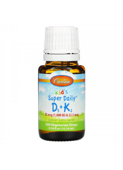 Carlson Labs, Kid's, Super Daily D3+K2, 25 mcg (1,000 IU) & 22.5 mcg, 0.34 fl oz (10.16 ml)