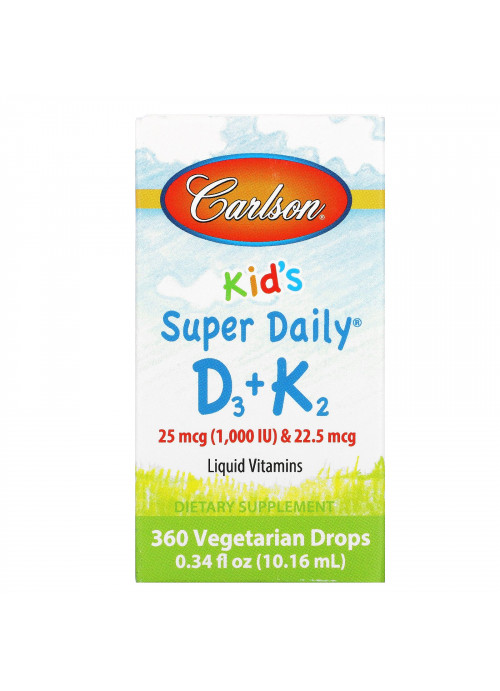 Carlson Labs, Kid's, Super Daily D3+K2, 25 mcg (1,000 IU) & 22.5 mcg, 0.34 fl oz (10.16 ml)