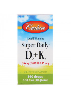 Carlson Labs, Liquid Vitamins, Super Daily D3+K2, 50 mcg (2,000 IU) & 45 mcg, 0.34 fl oz (10.16 ml)