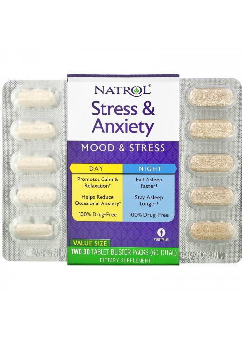 Natrol, Stress & Anxiety, Day & Night, Two 30 Tablet Blister Packs (60 Total)