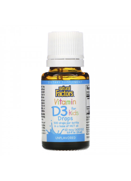 Natural Factors, Vitamin D3 Drops for Kids, Unflavored, 10 mcg (400 IU), 0.5 fl oz (15 ml)
