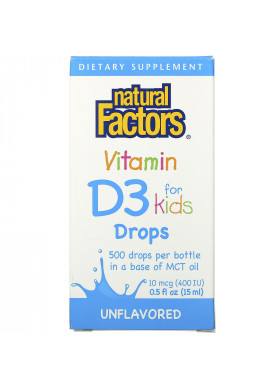 Natural Factors, Vitamin D3 Drops for Kids, Unflavored, 10 mcg (400 IU), 0.5 fl oz (15 ml)