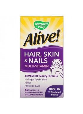 Nature's Way, Alive! Hair, Skin & Nails Multi-Vitamin, Strawberry Flavored, 60 Softgels