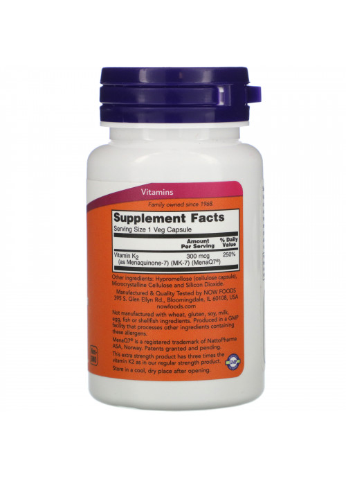 Now Foods, MK-7 Vitamin K-2, Extra Strength, 300 mcg, 60 Veg Capsules