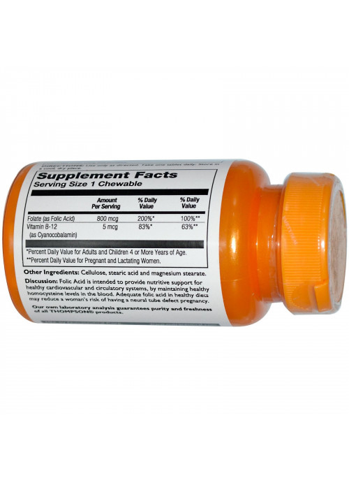 Thompson, Folic Acid, Plus B-12, 800 mcg, 30 Tablets