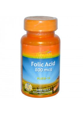 Thompson, Folic Acid, Plus B-12, 800 mcg, 30 Tablets
