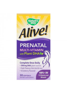 Nature's Way, Alive! Prenatal Multi-Vitamin with Plant DHA, Strawberry Flavored, 30 Softgels
